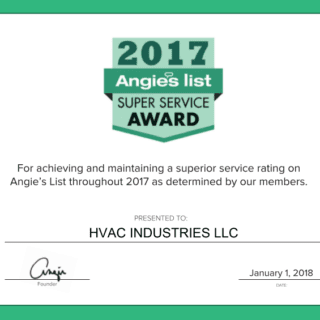 HVAC Industries has been awarded Angie's List Super Service Award for 2017