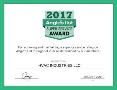 HVAC Industries has been awarded Angie's List Super Service Award for 2017